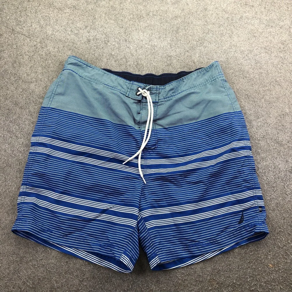 Nautica Swim Trunks Mens XL Blue Stripe Mesh Lined Elastic Waist Drawstring